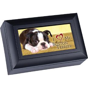 Cottage Garden Love My Boston Terrier Matte Black Jewelry Music Box Plays Wonderful World