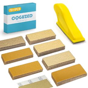 CoguZed 70 PCS Wet Dry Sandpaper Assortment Pack, Mini Hand Sander Block for Small Projects, Wood, Metal, Crafts, 80-600 Grit, Fine for Tight Spaces