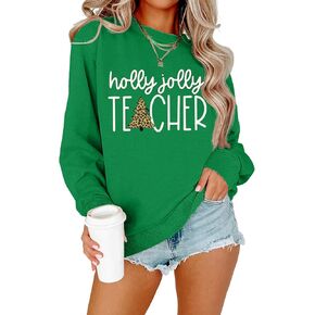 DOLITAEN Holly Jolly Teacher Sweatshirt Womens Christmas Tree Graphic Print Long Sleeve Xmas Holiday Pullover Top