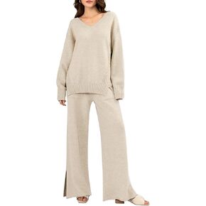 Meetjen Women's 2 Piece Outfits Sweater Sets Long Sleeve Knit Pullover and Wide Leg Pants Matching Lounge Set Tracksuit