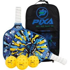 PIXA Radiant Strike: Pickleball Paddle Set of 2, with 2 Pickleball Rackets, 4 Outdoor Pickleballs, and Bag; Fiberglass Face; Beginner/Intermediate