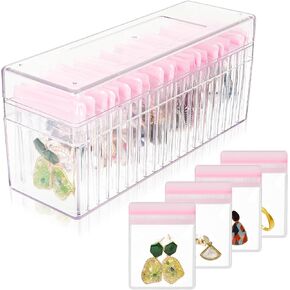 Acrylic Jewelry Box Organizer, Clear Jewelry Organizer Organizer and Storage with 22 Pink Small Jewelry Bag for Earrings, Rings, Necklacess, Jewelry Box Organizers and Storage for Women
