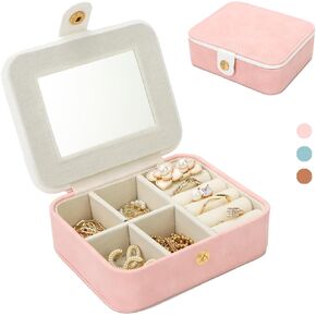 CRSURE Travel Jewelry Box and Organizer with Mirror, Leather Small Jewelry Case for Women, Portable Mini Travel Display Storage for Earrings, Rings, Necklaces, Bracelets (Pink)
