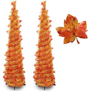Whaline 2Pcs 5Ft Pop up Fall Trees, Fall Maple Tree with Artificial Maple Leaves Christmas Tree Collapsible Pencil Tinsel Trees for Fall Thanksgiving Decoration Front Porch Fall Decor