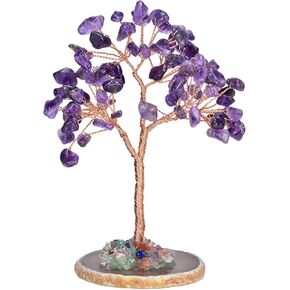 Healing Crystal Tree - Natural Crystals Stones Tree - Reiki Spiritual Energy Copper Wire Crystals Tree - Gemstone Agate Slice Amethyst Base - Home Office Desk Decor
