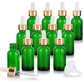 JUVITUS 1 oz / 30 ml Green Glass Boston Round Bottle with Gold Metal and Glass Dropper (12 pack) + Funnel I Refillable Empty Storage Containers