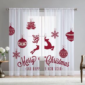 Christmas Sheer Curtains for Living Room 84 inch Length 2 Panels Set Red Reindeer Snowflake Printed Window Curtain Natural Semi Sheer Chiffon Drapes for Bedroom
