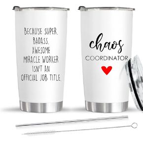 CHICKOR Gifts for Women - 20 Oz Stainless Steel Travel Cup - Chaos Coordinator Tumbler With Straw - Unique Gift idea for Boss Lady, Her, Mom, Coworker, Manager, Teacher, Boss, Officer, Wedding Planner