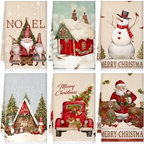 Sratte 6 Pcs Christmas Kitchen Towels Vintage Winter Dish Towels Absorbent Snowman Santa Claus Bathroom Hand Towels Decorative Xmas Tea Towel Christmas Decoration for Kitchen Bathroom