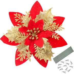 MEMOVAN 12pcs 5.5in Artificial Gold Red Poinsettia Flowers Christmas Glitter Faux Flowers with Clips and Stems for Christmas Tree Ornaments Christmas Wreath Xmas Decoration Wedding Party (RED)
