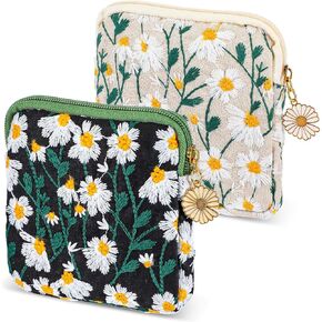 Sanitary Napkin Storage Bag, 2 PCS Daisy Embroidery Period Bag Pouch Menstrual Cup Pouch Portable Tampon Holder Sanitary Pad Storage Bag Small Makeup Bag for Teen Girls School
