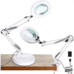 10X Magnifying Glass with Light and Stand, 5 Color Modes Stepless Dimmable 2-in-1 Lighted Magnifier with Clamp, LED Desk Lamp Hands Free for Craft Hobby Reading Painting Sewing Close Work
