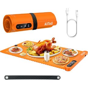 Electric Warming Tray - Full Surface Heating,Rollable & Portable,Premium Silicone Nano-Material,Auto Shut-Off -Versatile Food Warmer for Gatherings,Parties,Everyday Use (Orange Graphene)