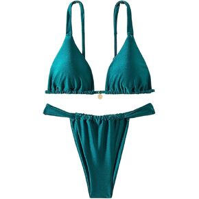 Women's 2 Piece Bathing Suit Spaghetti Strap Wireless Triangle Thong Swimsuits Cheeky Bikini Sets