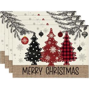 Artoid Mode Red Pine Trees Balls Merry Christmas Placemats Set of 4, 12x18 Inch Winter Xmas Table Mats for Party Kitchen Dining Decoration