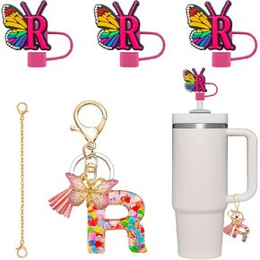 Straw Cover for Stanley Cup, 3Pcs Butterfly Initial Letter Straw Cover with Initial letter Keychains for Women, Cute Silicone Straw Covers for Stanley Cups 30&40 Oz - Pink (Letter M)