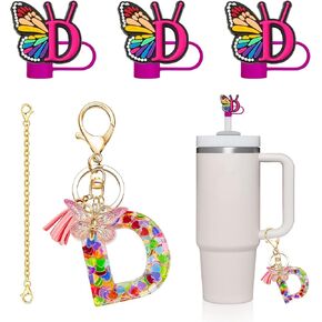 Straw Cover for Stanley Cup, 3Pcs Butterfly Initial Letter Straw Cover with Initial letter Keychains for Women, Cute Silicone Straw Covers for Stanley Cups 30&40 Oz - Pink (Letter M)