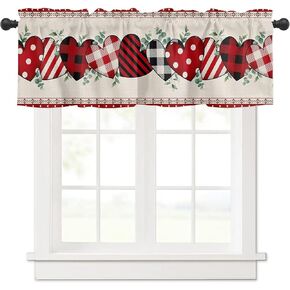 Valance Curtain for Window Valentine's Day Eucalyptus Dots Plaid Stripe Love Heart Shape Rod Pocket Valance Window Valance for Kitchen Living Room Bathroom Holiday Home Decoration 54x18inch