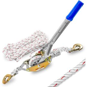 Rope Puller 3/4 Ton Capacity with 50Ft 0.6In Diameter Rope Come Along Winch 2 Hooks Rope with Single Gears for Tree Felling Moving Boats