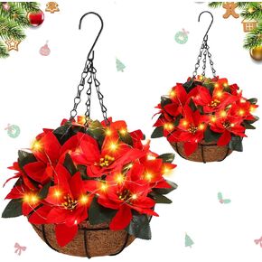 HyDren 2 Pack Pre Lit Artificial Poinsettia Flowers Christmas Hanging Basket 2 Pcs Colorful LED String Lights for Indoor Outdoor Garden Patio Porch (red) in Saudi Arabia