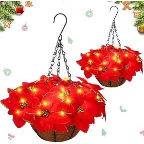 HyDren 2 Pack Pre Lit Artificial Poinsettia Flowers Christmas Hanging Basket 2 Pcs Colorful LED String Lights for Indoor Outdoor Garden Patio Porch (red)