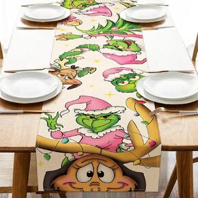 Christmas Cartoon Character Table Runner, Pink Green Xmas Tree Max Dog Kitchen Dining Table Decoration, Funny Holiday Winter Burlap Indoor Outdoor Home Decor Party Supply 13 x 72 Inches
