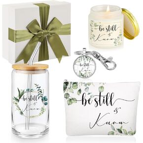 5 Pcs Christian Gifts for Women Be Still and Know Religious Gifts 16oz Christian Glass Cup with Lid Inspirational Keychain Prayer Candle Bible Verse Cosmetic Bag for Mom Pastor Wife(Leaves)