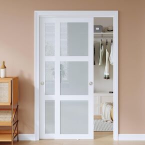EaseLife 48x80 in (Double 25in) Bypass Sliding Closet Doors for Bedroom, 3-Lite Frosted Glass Sliding Door with Hardware Track Kit & Floor Guide, Preassembled Door Panel, MDF White Barn Doors