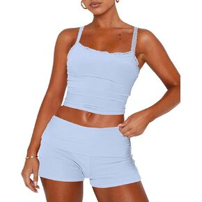Women's 2 Piece Lounge Shorts Sets Lace Trim Crop Camisole Top and Fold Over Shorts Two-Piece Outfits