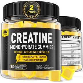 Creatine Monohydrate Gummies 5g for Men & Women, 7010mg with BCAA, Collagen Peptides, L-Taurine, D3, B12, Chewables Creatine for Muscle, Natural Lemon Flavor, Sugar Free, 2 Pack