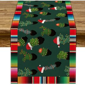 Feliz Navidad Table Runner Mexican Christmas Cactus Santa Hat Stripes Winter Holiday Xmas Kitchen Dining Home Decorations