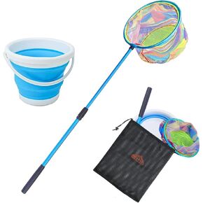 Fishing Net 2 Piece Retractable Fishing Net and Folding Fish Bucket for Boys and Girls to Catch Small Fish, Shrimp, Crabs in Lakes, Rivers Creeks and Beaches,
