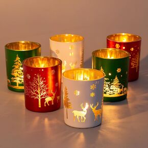 Romadedi Glass Votive Candle Holder for Christmas Decor - Set of 6 Colorfull Tealight Holders for Tea Light Coffee Table Centerpiece Decoration Home Party