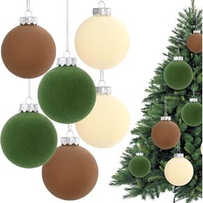 Waipfaru Christmas Tree Decorations, 15 Pcs Velvet Christmas Ornaments Balls Set, 3.94 Inch Brown Green Neutral Farmhouse Christmas Decor, Flocked Ornaments for Xmas Holiday Party Decorations