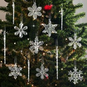 Snowflake Ornaments for Tree Decorations - 18Pcs Clear Glass Snowflake and Icicle Ornaments Set for Christmas Tree Winter New Year Party Decor Supplies