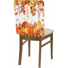 4pcs Fall Chair Back Covers, Thanksgiving Dining Chair Covers Orange Pumpkin Eucalyptus Leaf Chair Slipcovers, Removable Washable Thanksgiving Chair Covers for Home Kitchen Farmhouse Decoration