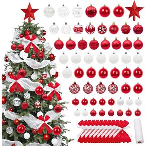 70Pcs Christmas Tree Decorations Ornaments Set, Red and White Shatterproof Christmas Balls with Decorative Hanging Ornaments Bows, Ribbon & Tree Topper for Xmas Tree Holiday Wedding Party Decor