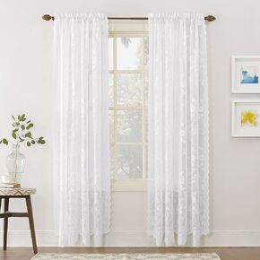 No. 918 Alison Floral Lace Sheer Rod Pocket Curtain Panel, 58" x 72", White