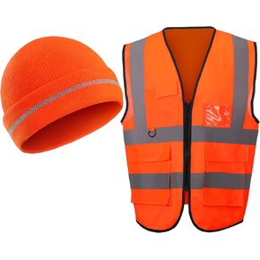 2 Pieces Orange Hunting Vest High Visibility Safety Clothes, Hunt Vest with Zipper and Pocket Construction Clothing with Reflective Stripes and Hunting Hat Knit Beanie Cap for Men Women