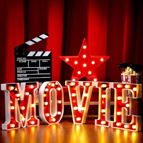 7 Pcs Large Movie Light up Letters Sign LED Movie Night Party Decorations Include Movie Letters Film Clap Board and Marquee Star Sign for Movie Night Party Table centerpieces