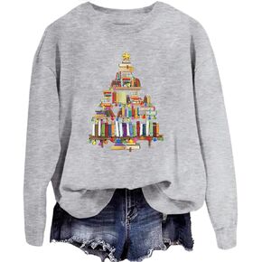 Christmas Books Tree Sweatshirts Women Teachers Love Reading Xmas Gift School Christmas Holidays Pullover Tops