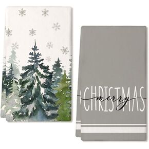 ARKENY Christmas Dish Towels for Christmas Decor Green Xmas Tree Kitchen Towels 18x26 Inch Noel Grey Snowflake Washcloths Seasonal Merry Christmas Hand Towel for Bathroom Set of 2 AD016