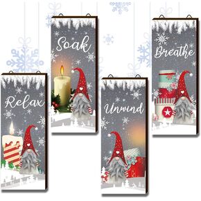 Soaoo 4 Pack Spring Gnomes Wooden Bathroom Ornaments Tulip Sunflower Wall Hanging Decor Butterfly Wood Cutouts Relax Soak Unwind Breathe Theme Pink Yellow Wood Sign for Home Party (Christmas Gnome)