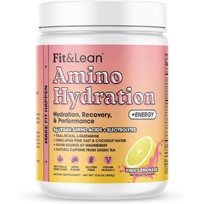 Fit&Lean Amino Hydration Plus Energy, Naturally Sweetened Pre Workout Powder, 6g Vegan Amino Acids, EAA, BCAA, Glutamine, Electrolytes & Natural Caffeine, Pink Lemonade, 30 Servings