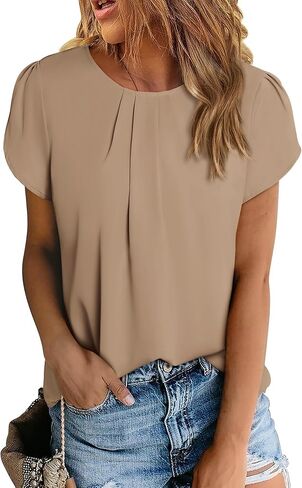 PRETTYGARDEN Women's Tops 2024 Casual Summer Round Neck Short Sleeve Basic Pleated Loose Fit Blouses Plain Tunic Shirts in Saudi Arabia