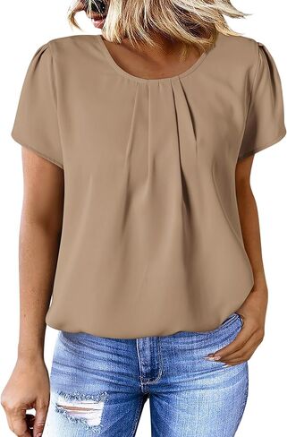 PRETTYGARDEN Women's Tops 2024 Casual Summer Round Neck Short Sleeve Basic Pleated Loose Fit Blouses Plain Tunic Shirts in Saudi Arabia