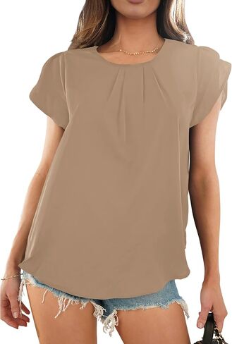 PRETTYGARDEN Women's Tops 2024 Casual Summer Round Neck Short Sleeve Basic Pleated Loose Fit Blouses Plain Tunic Shirts in Saudi Arabia