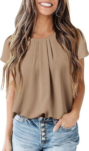 PRETTYGARDEN Women's Tops 2024 Casual Summer Round Neck Short Sleeve Basic Pleated Loose Fit Blouses Plain Tunic Shirts in Saudi Arabia