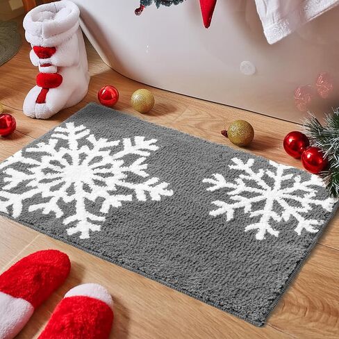 Luxury Black White Snowflake Winter Christmas Bathroom Mat, 17"x25" Extra Soft and Absorbent Microfiber Bath Rug, Non-Slip TPR Back, Plush Shaggy Bath Carpet for Floor in Saudi Arabia