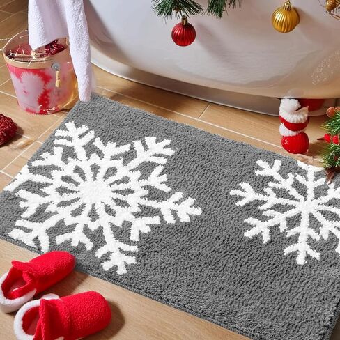 Luxury Black White Snowflake Winter Christmas Bathroom Mat, 17"x25" Extra Soft and Absorbent Microfiber Bath Rug, Non-Slip TPR Back, Plush Shaggy Bath Carpet for Floor in Saudi Arabia